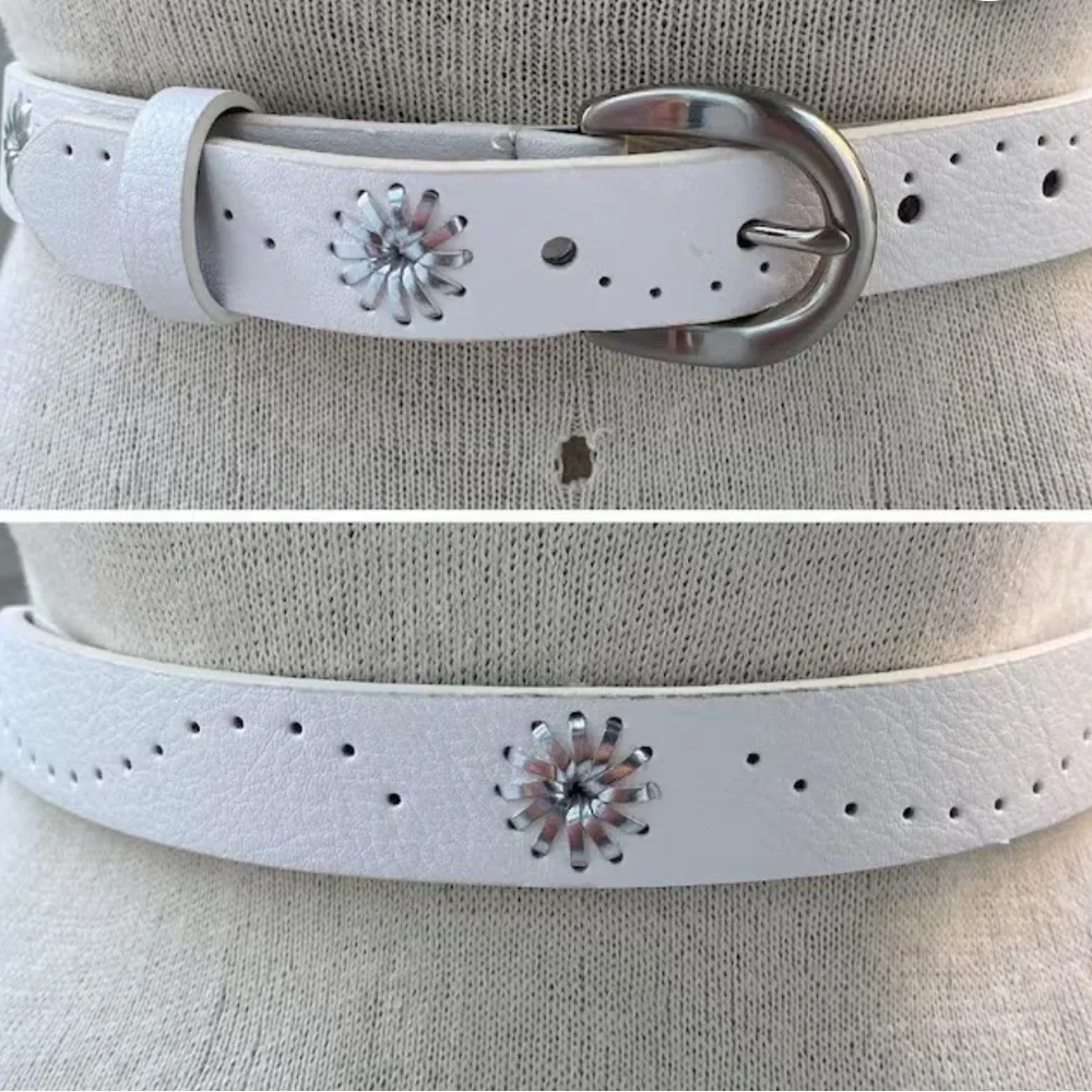 White Belt, Vintage Hole Patterned Belt, Silver Tone Buckle